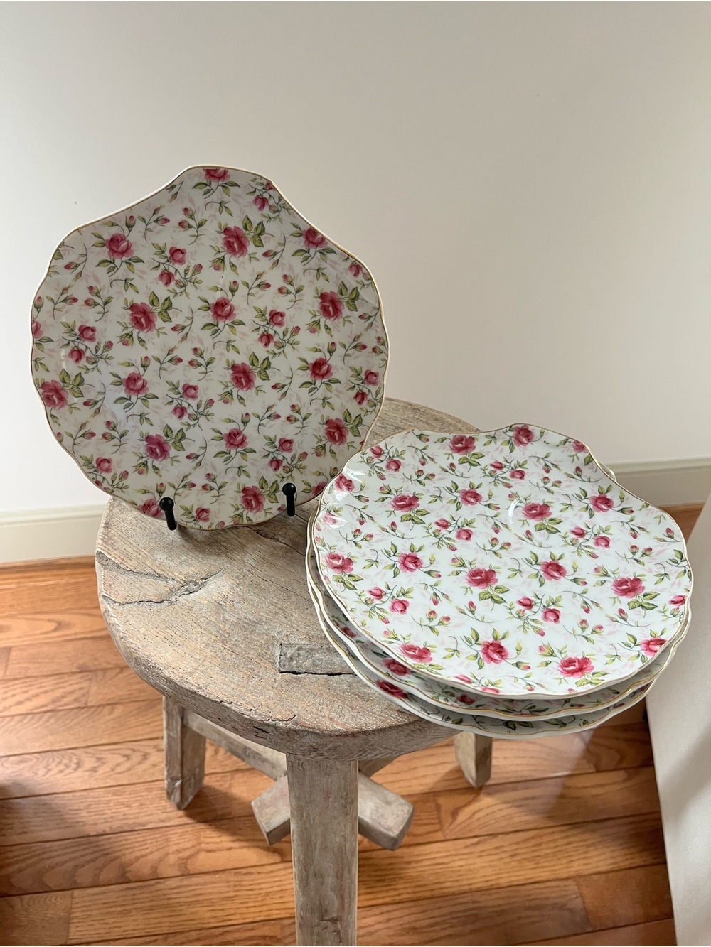 Vintage Lefton China Rose Chintz 637R Snack Plates Set of 4 Japan Pink Roses